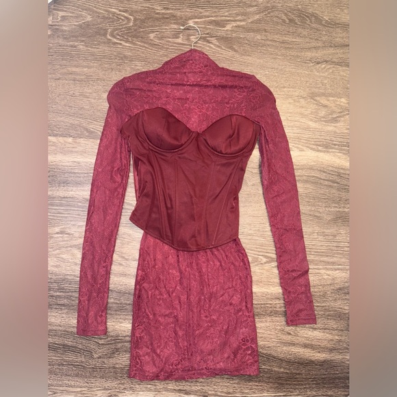 Mars the Label Kenza Mini Dress | Burgundy Lace Corset Long Sleeve - Picture 3 of 5